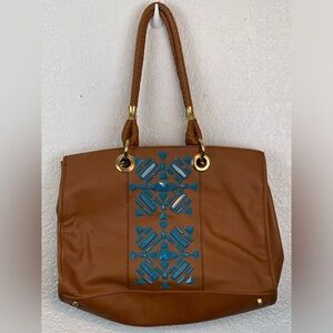 Iman Brown Leather Tote Bag  Handbag With Teal And Gold Details